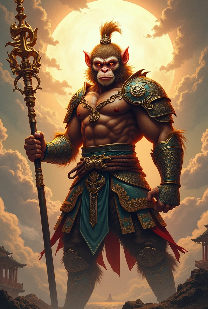 Sun wukong the monkey king wearing battle dress with stick in hand