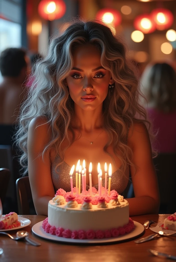 A beautiful youthful looking Ariana Grande as a 50 years old woman with long curly completely gray hair as the superhero Daisy Johnson from Agents of
S.H.I.E.L.D wearing a partying dress setting at a table in a restaurant blowing a candle on her birthday cake doing her 50 birthday celebration