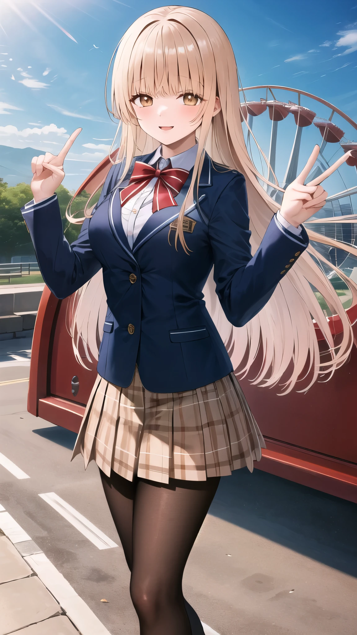 masterpiece, best quality, highres, aamahiru, long hair, red bowtie, blue jacket, blazer, long sleeves, plaid skirt, brown skirt, pantyhose, peace sign, amusement park, smile, standing