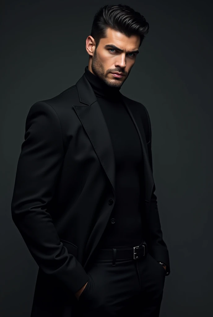 a sexy tall masculine man of 2 with black hair and blue eyes while wearing a black coat. Looking forward