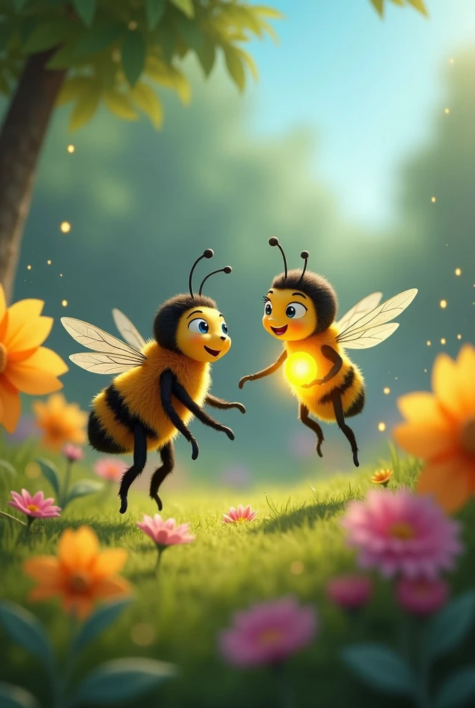 A bee and a firefly together (animated cartoon)