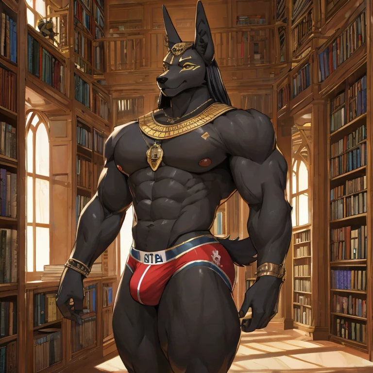 A tall slender anubian jackal with black fur standing in a library, wearing briefs, huge pectorals, thick thighs, full body visual (best quality,HD,high-res,ultra-detailed:1.2)