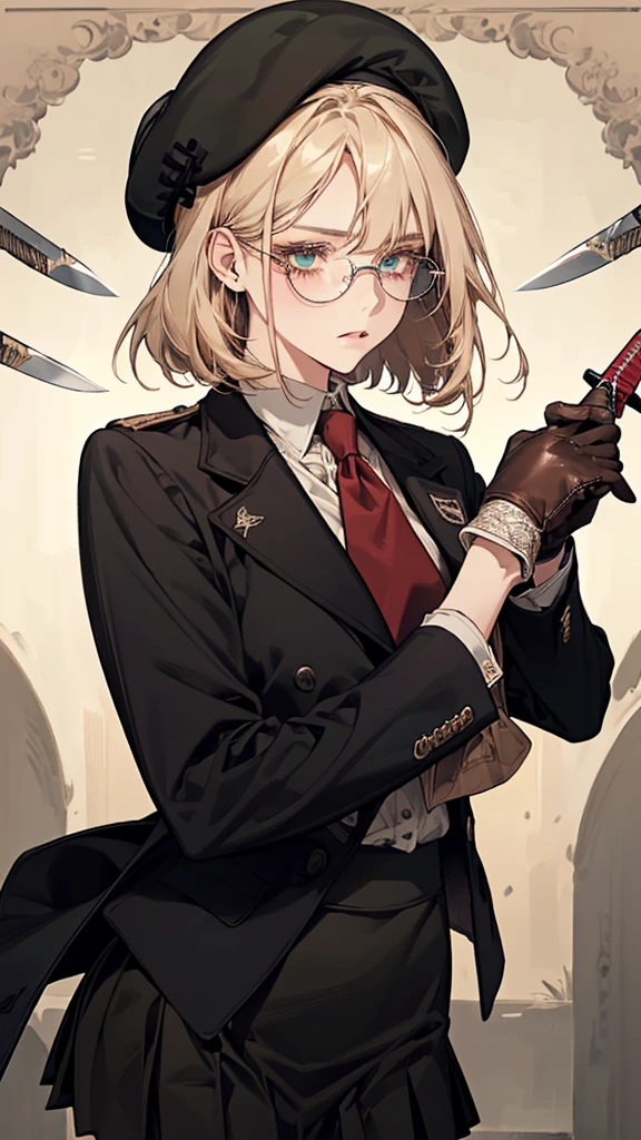 ful Face, Accurate, Anatomically correct, Highly detailed face and skin texture, Natural neck length, (Beautiful Hands), (wheat skin:1.2), break, 1_beautiful_girl, 16years_old, layer of clothes, (black_school_uniform:1.3), black_blazer, emblem, white_shirt, red_ribbon_tie, black_skirt, short_skirt, pleated_skirt, blonde_hair, bob_hair, bangs, Very_beautiful_face, looking_at_viewer, very_beautiful_eyes, green_eyes, even_eyes, (Natural makeup:1.1), (hold_knife:1.5), (beret:1.3), (cowboy shot:1.2), black leather gloves, round glasses, slender_body