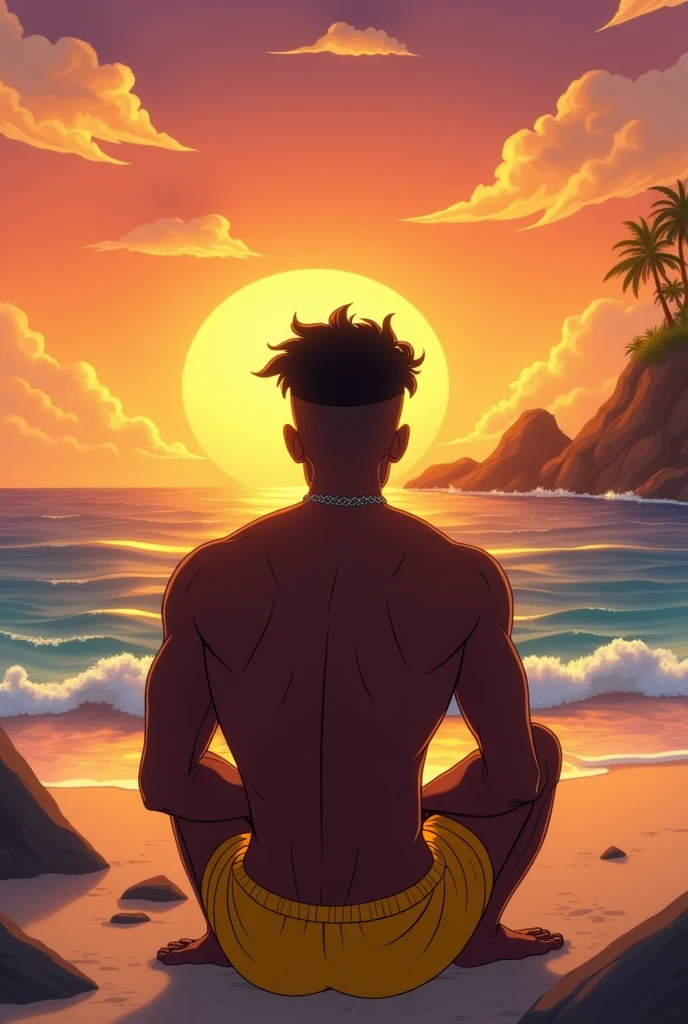 black man wearing gold and yellow shorts sitting looking at a sunset view on a beach showing the landscape and his entire body, image style animation