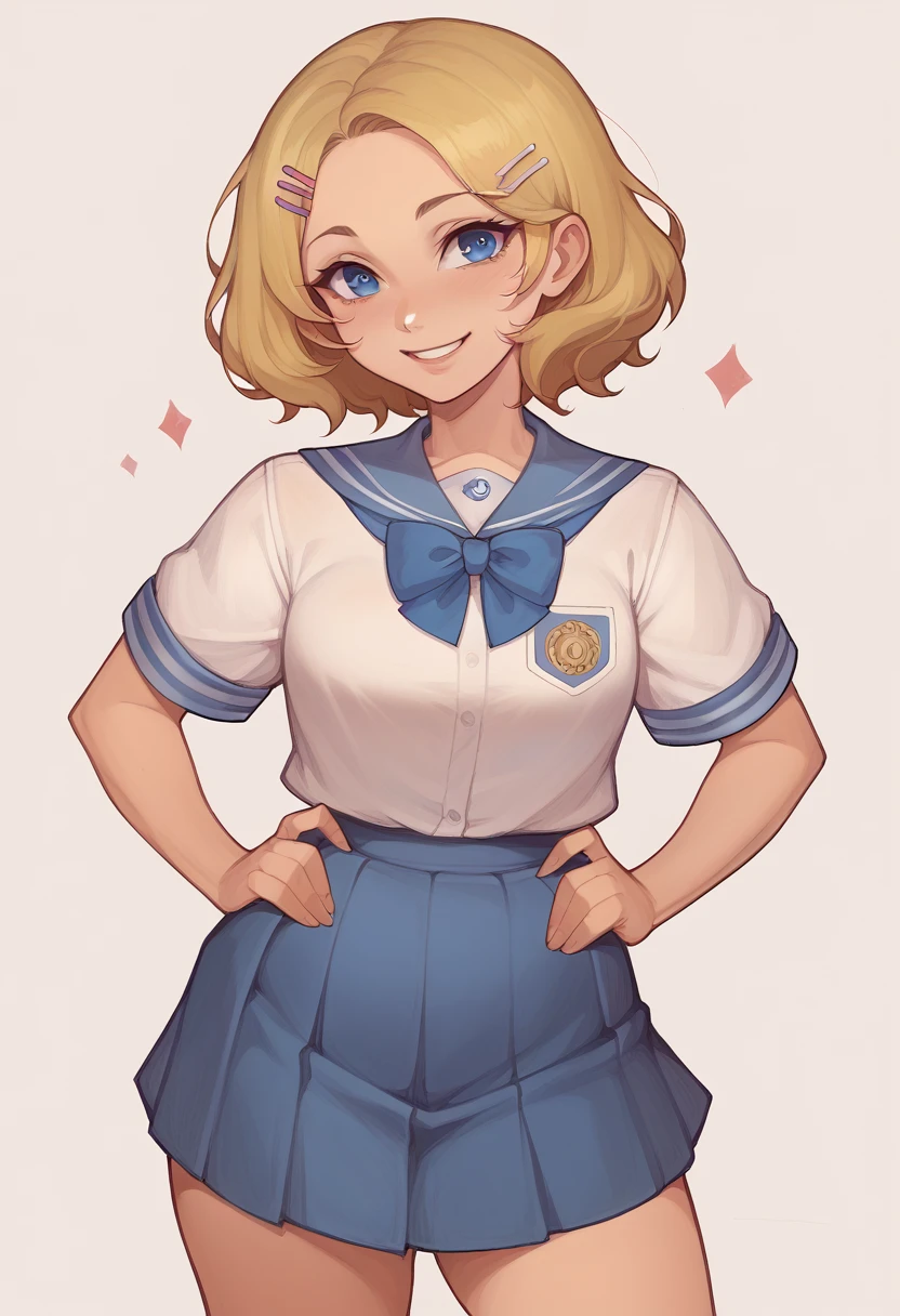 "A cheerful teenage girl with short, wavy blonde hair and bright blue eyes, wearing a traditional Japanese school uniform with a navy-blue skirt and white blouse. She is standing and looking at the camera with a wide smile, her posture relaxed. She wears a pink hairpin and has her hands on her hips, exuding a friendly and energetic vibe." visual novel character