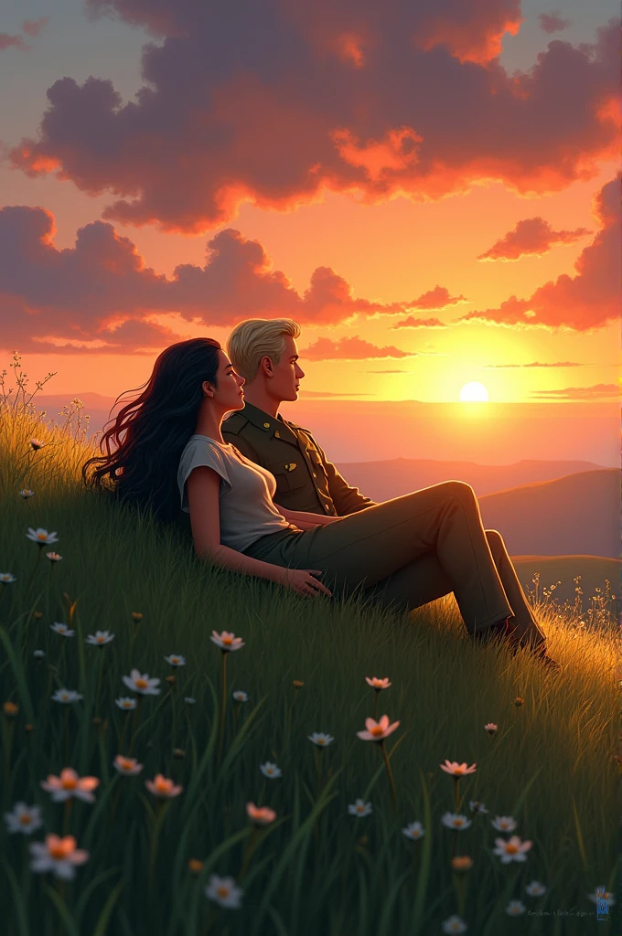 create a book cover image of a couple watching the sunset on top of a hill with a woman with long dark hair and a strong military man with blond hair lying on the grass watching the sunset