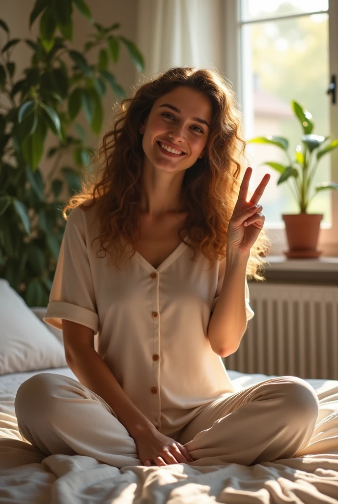 (photorealism:1.2), beautiful german woman, sitting on bed waist up only, pajama pants, long curly hair, indoors, soft lighting, plants in background, window with sunlight, cozy room, relaxed pose, realistic, intricate details, warm colors, smiling but side profile only, holding a peace sign with her family