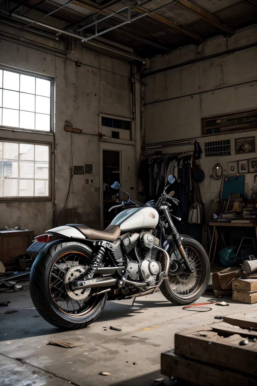 ((artwork)), moto model harvey, destroyed motorcycle, disassembled motorcycle, mechanical workshop in the background, (realistic)