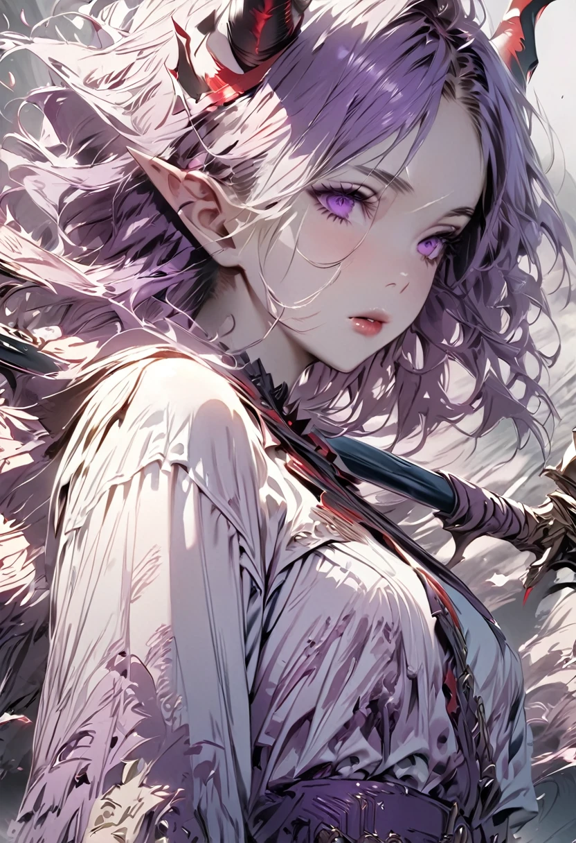 a girl with purple eyes, two horns, holding a scythe with red details, no lipstick, detailed face, highly detailed, 4k, hyper realistic, masterpiece, cinematic lighting, muted colors, dark fantasy, gothic, concept art