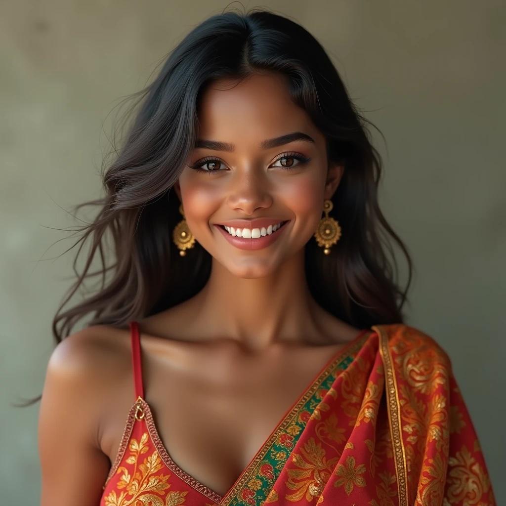 Indian girl, white skin, very beautiful, big round breasts, traditional pouty clothes, smiling, Hollywood smile and white teeth