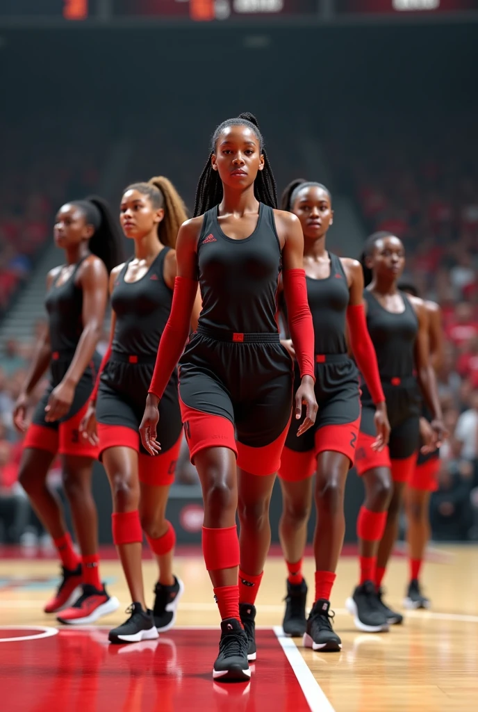  photorealism Create an 8k image of a women's basketball team wearing short, sexy uniforms in black and red. The team should represent a variety of ethnicities and be positioned on a basketball court.