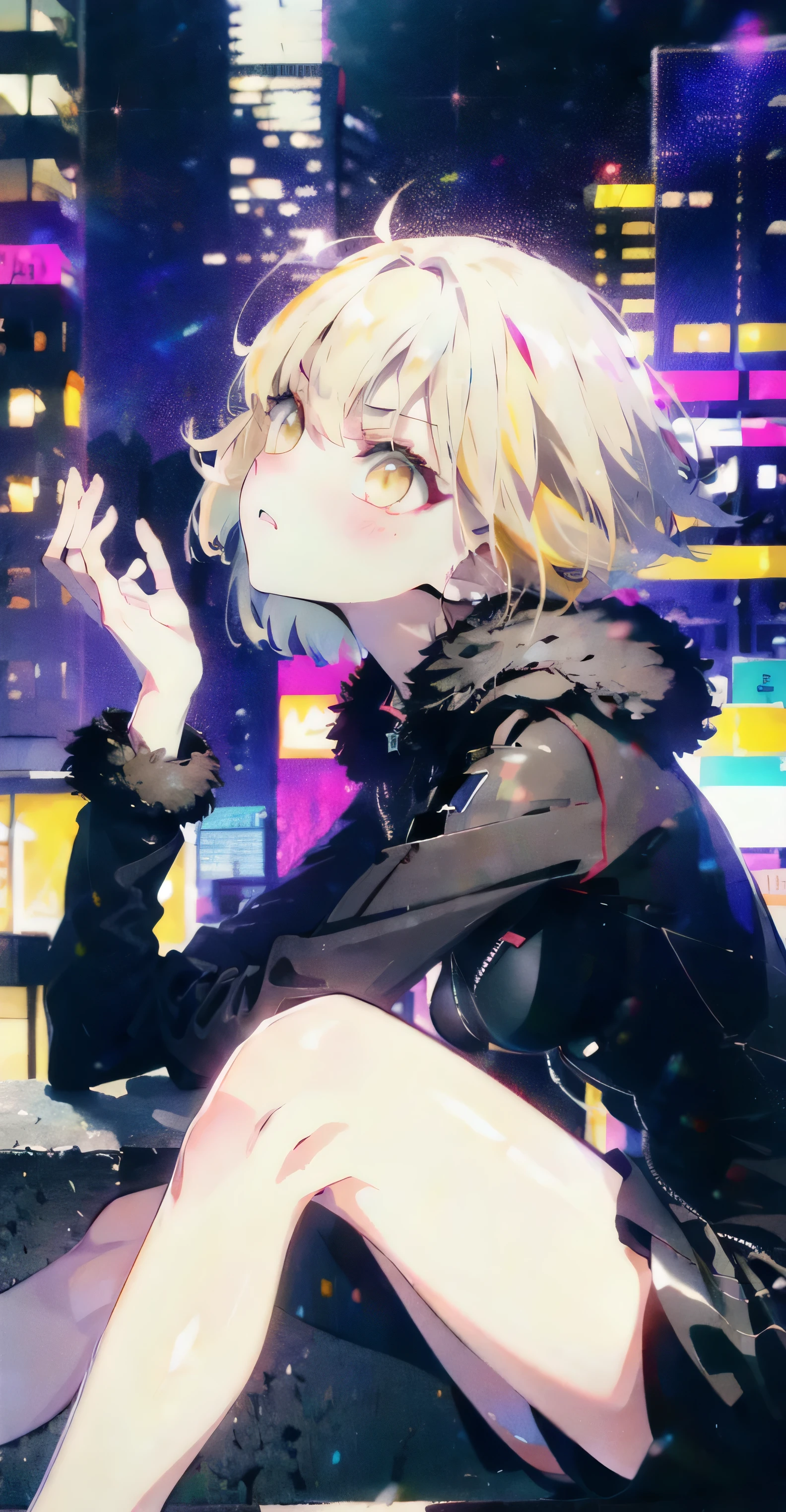 (masterpiece), (HDR), absurdres, (best quality), (ultra high quality), (hi-res), (((sitting))), head tilt, (1girl), solo, alone, mature, ModernCloth, Shinjuku, (yellow eyes), ((short hair)), beautiful detailed eyes, ((platinum blonde hair)), BREAK, dynamic poses, looking away from viewer, blush, city