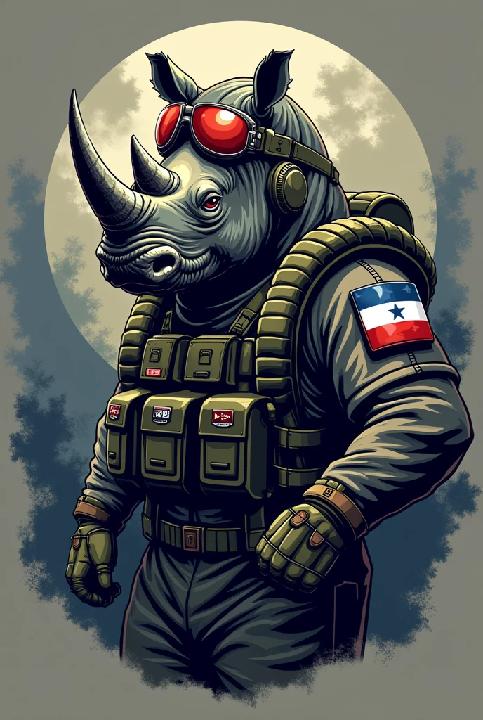 Create a military emblem of a rhinoceros dressed as an aviator and its name is rhino -01 that on the shoulders has a patch with the flag of Honduras