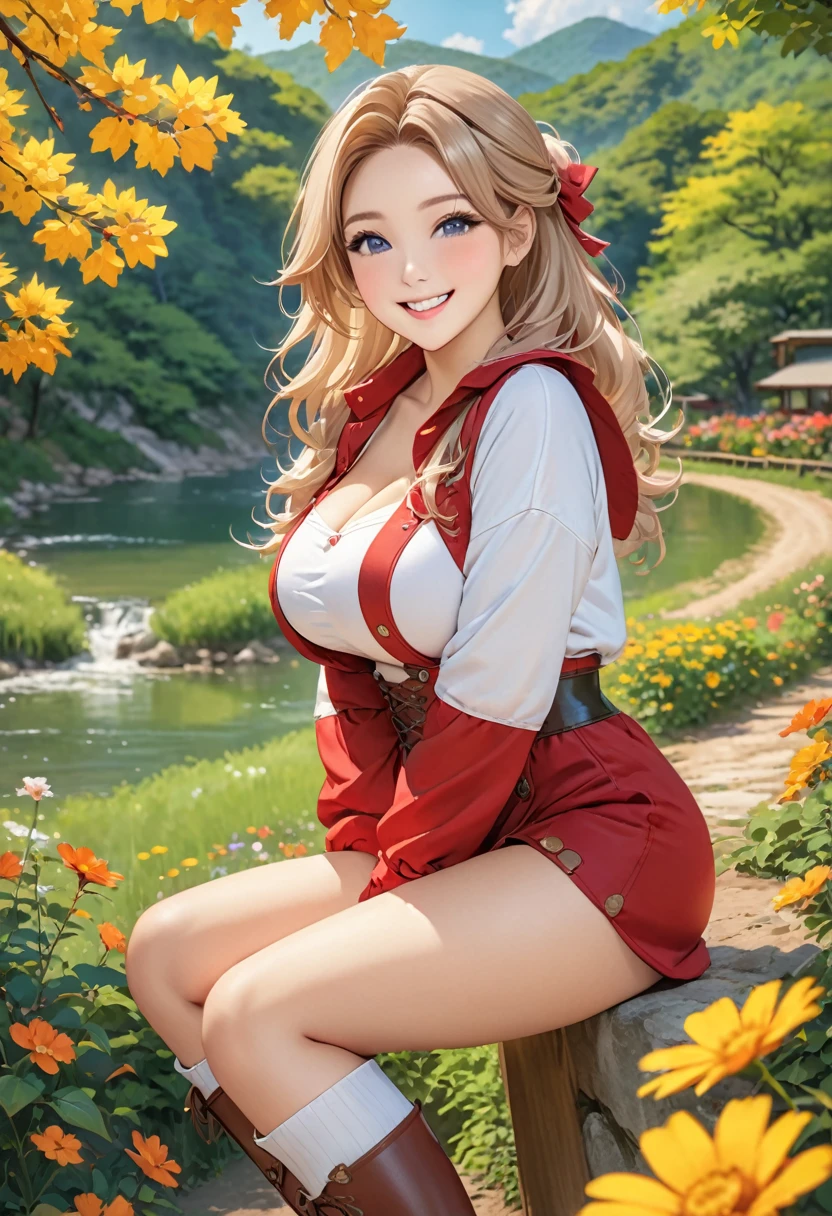 High resolution、Realistic、RAW Photos、Detailed Background、Beautiful in every detail、Highly detailed face、Teenage beauty、Perfect body line、Light color hair、Cute hairstyle、Sexy Costumes、Knee-high boots、Attractive thick thighs、Huge breasts、Beautiful girl looking at you with nature in the background、A big smile、very beautiful、Natural beauty、Cute gestures