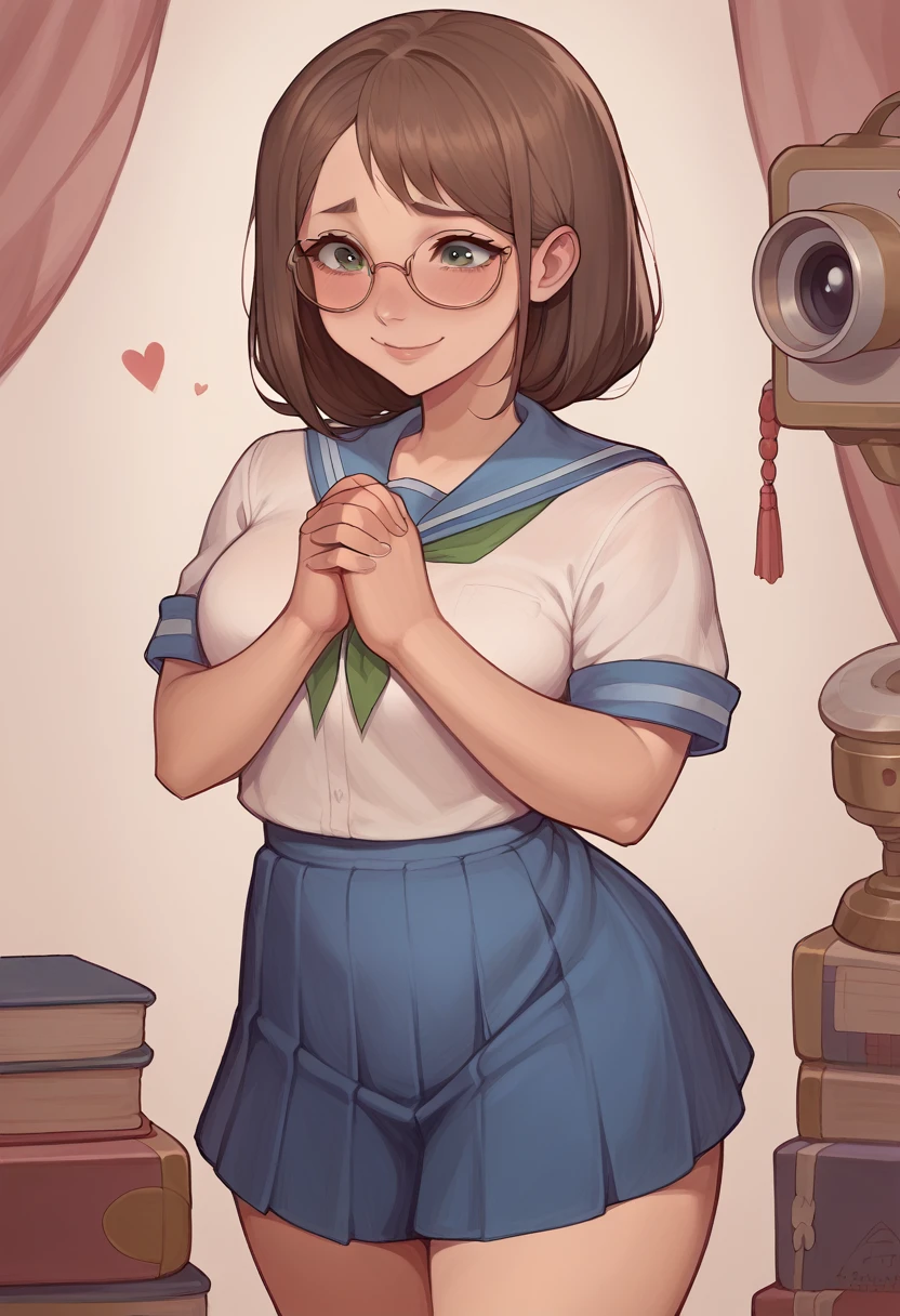 "A shy teenage girl with shoulder-length brown hair and glasses, wearing a traditional Japanese school uniform with a navy-blue skirt and white blouse. She is standing and looking at the camera with a gentle smile, her hands clasped in front of her. She has a green ribbon around her neck and a book tucked under one arm, giving off a studious and quiet impression." visual novel character