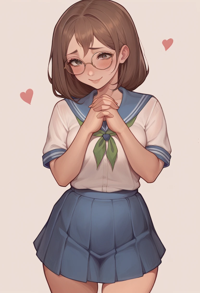 "A shy teenage girl with shoulder-length brown hair and glasses, wearing a traditional Japanese school uniform with a navy-blue skirt and white blouse. She is standing and looking at the camera with a gentle smile, her hands clasped in front of her. She has a green ribbon around her neck and a book tucked under one arm, giving off a studious and quiet impression." visual novel character