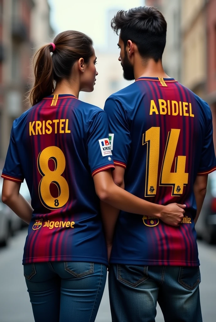 Woman and man from behind looking forward wearing the Barcelona shirt with the numbers 8 and 14 with the names Kristel and Abdiel with the girl's hair tied to one side and both wearing tight jeans