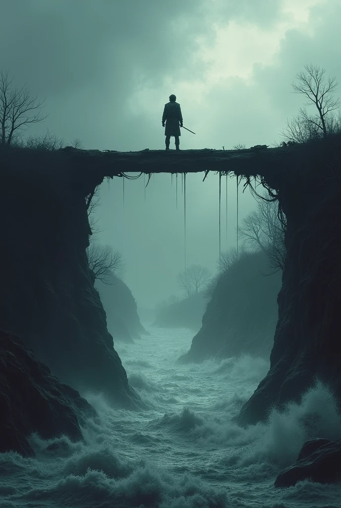 broken bridge stretches over a dark, raging river. A lone figure stands at the edge, preparing to cross, symbolizing the courage to take risks in the face of uncertainty.