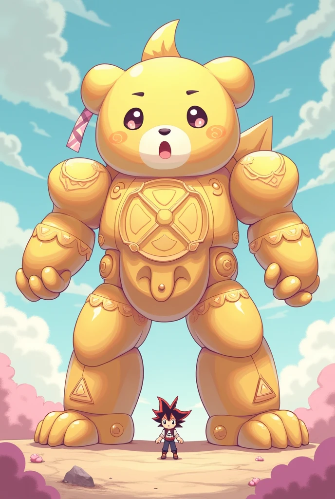 Pompompurin exodia with Yugi in pastel colors drawn anime style