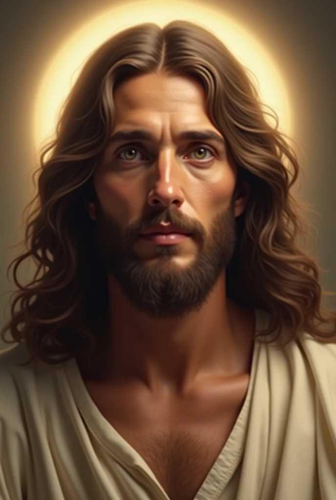 “Depiction of Jesus Christ from the waist up, focusing on his face. He has a gentle and serene expression, with deep, compassionate eyes. His long, wavy hair frames his face, and a soft halo of light surrounds his head. He wears a simple robe with a visible neckline. The background is subtle and slightly blurred, emphasizing the details of his face and the warm, golden light illuminating his features.”