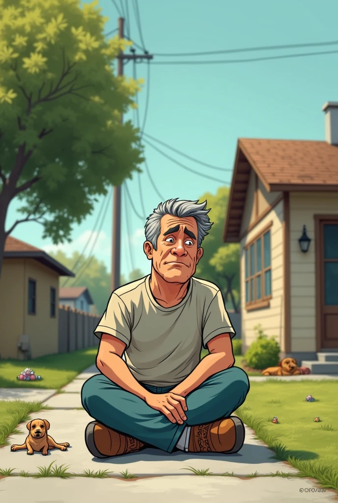 Give me an image of a thoughtful and sad person sitting on the sidewalk of his house like a cartoon 