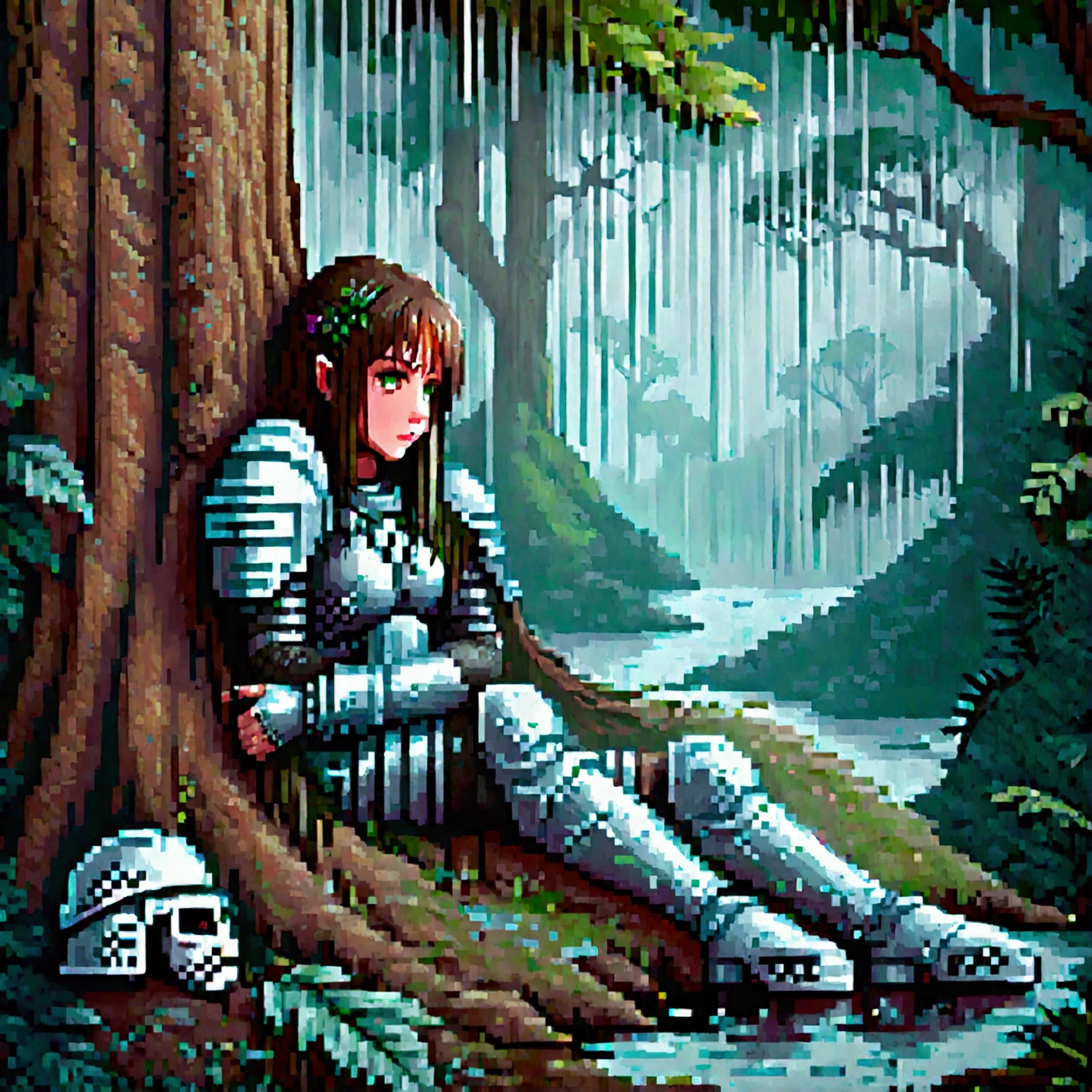 a girl lying on a tree, long dark hair, no weapons, masterpiece, highly detailed, photorealistic, 8k, cinematic lighting, soft warm colors, beautiful detailed eyes, beautiful detailed lips, extremely detailed face and skin, elegant pose, tranquil nature setting, lush foliage, natural lighting, calming atmosphere