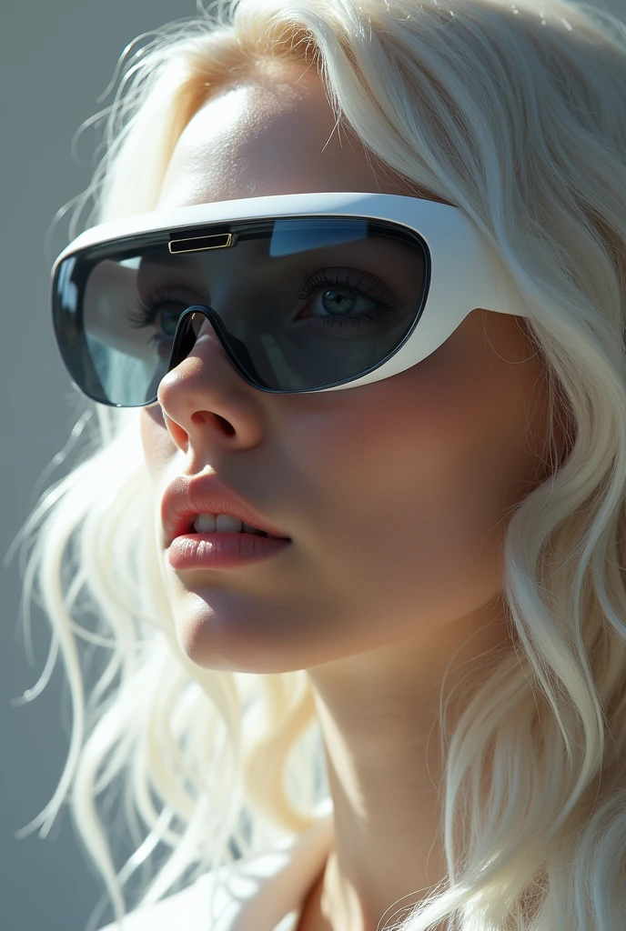 I want an image that shows Apple Vision Pro glasses from the Apple brand on the face of a very elegant Nordic beauty style model with a perfect face and almost white blonde hair.. that generates an urgent need to buy them and indirectly shows their value proposition..