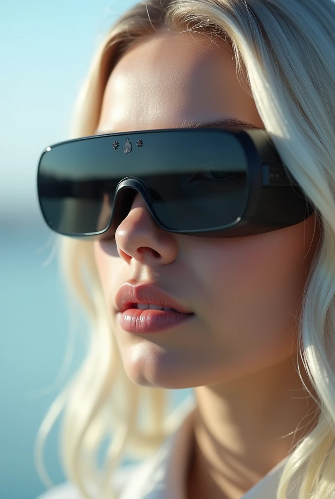 I want an image that shows Apple Vision Pro glasses from the Apple brand on the face of a very elegant Nordic beauty style model with a perfect face and almost white blonde hair.. that generates an urgent need to buy them and indirectly shows their value proposition..