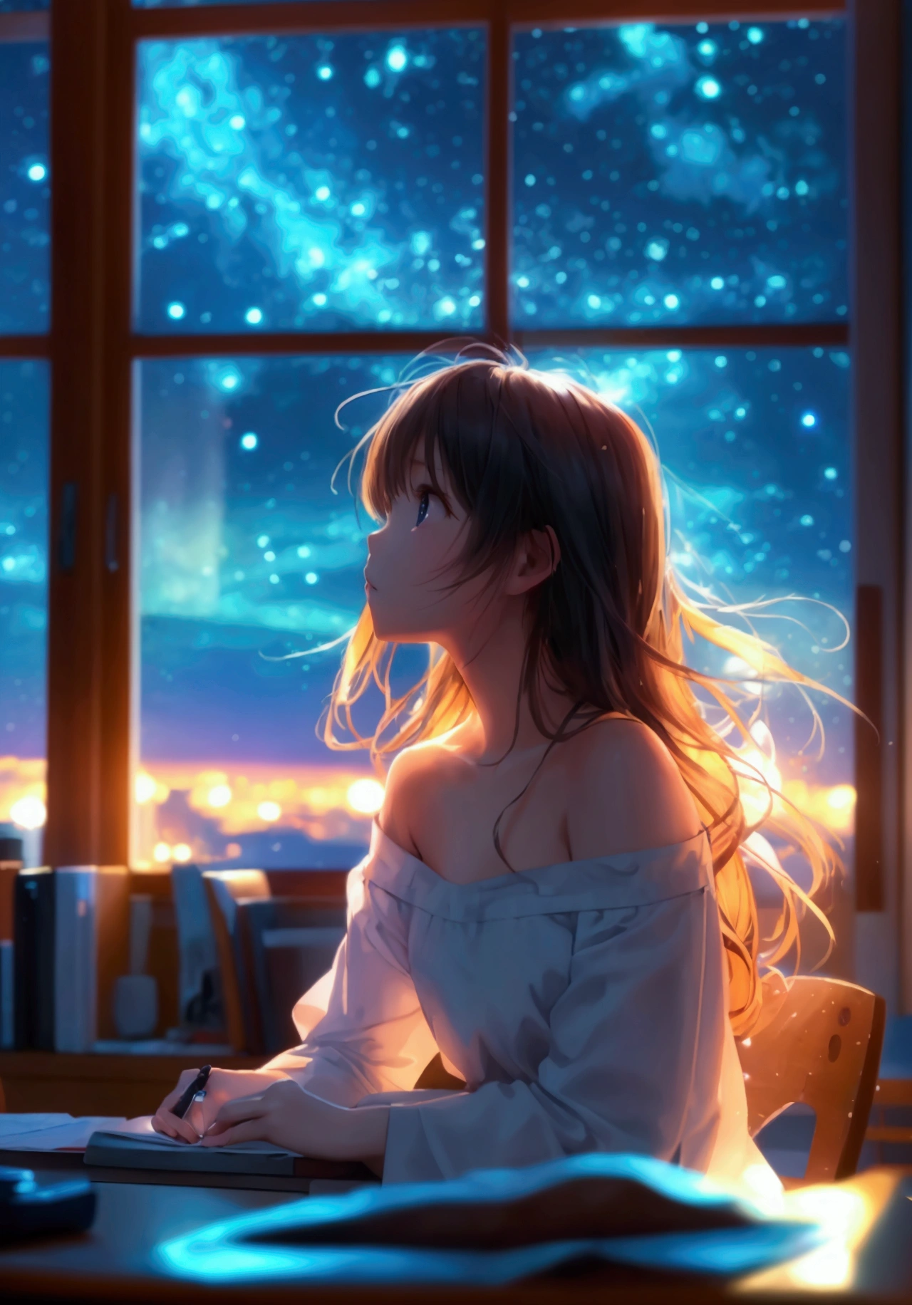 A super wide-angle full-body shot of a cute 1 Japanese woman sitting at a desk by a window in the middle of the night and working.、A little messy room、Starry Sky