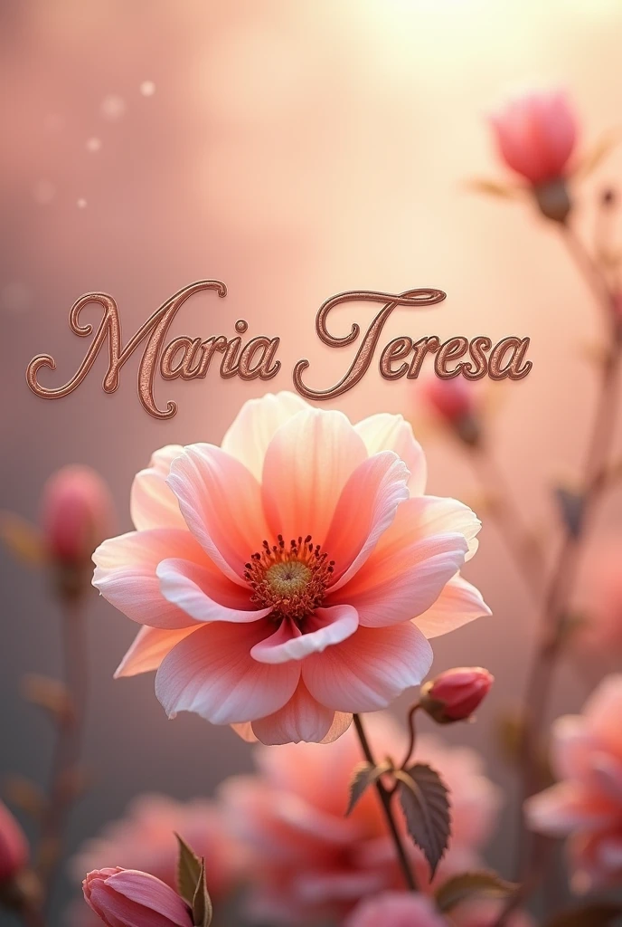 A rose gold flower background that says "Maria Teresa" in a cursive fancy gold and silver font