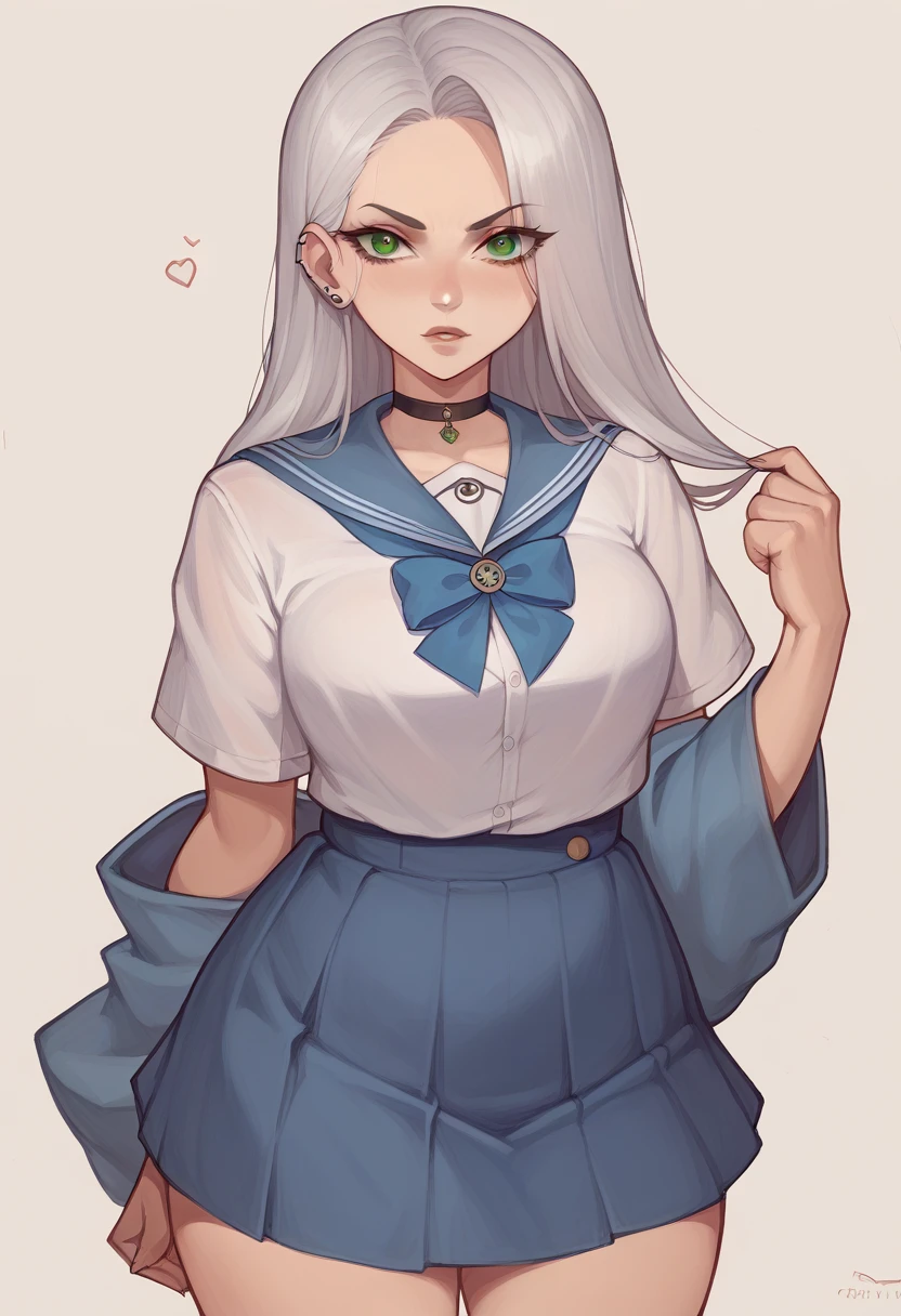 "A mysterious age girl with long, flowing silver hair and piercing green eyes, wearing a traditional Japanese school uniform with a navy-blue skirt and white blouse. She is standing and looking at the camera with a slight smirk. She has a black choker and wears the uniform slightly differently, with the top button of her blouse undone, giving her a rebellious yet elegant aura." visual novel character