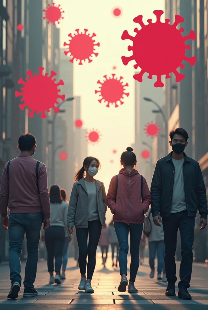 People walking down the street wearing masks and above the image, faded reddish coronavirus symbols, in the image that there are no Asian people, People who walk normally. I don&#39;t want Asian people 
