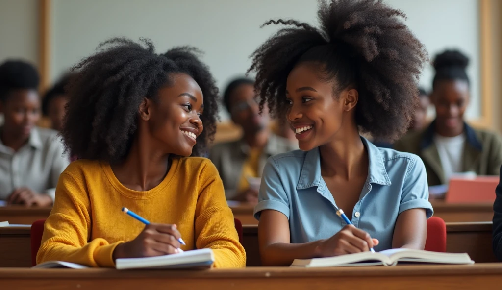 Two 20-year old sexy busty Nigerian female university students, sitting in a lecture room with their writing materials.