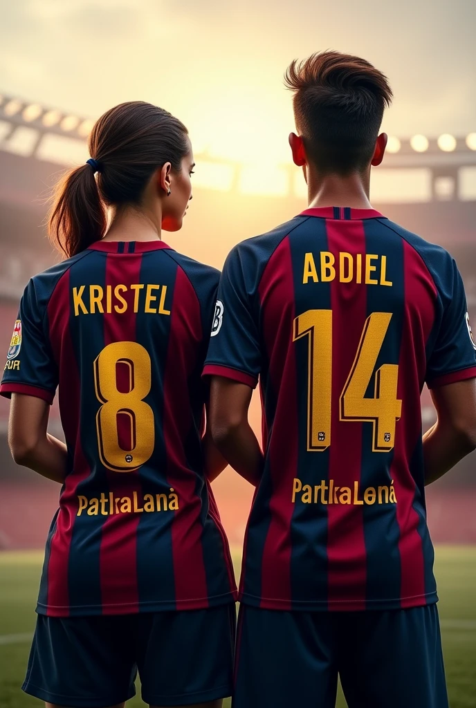 Woman and man from behind looking forward wearing the Barcelona shirt with the numbers 8 and 14 with the names Kristel and Abdiel with the girl's hair tied to one side and jeans