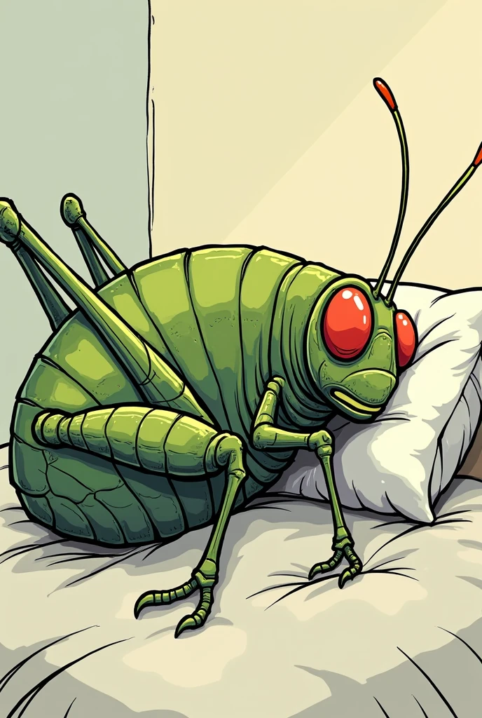 Fat grasshopper insect dead in his bed, animated for a comic