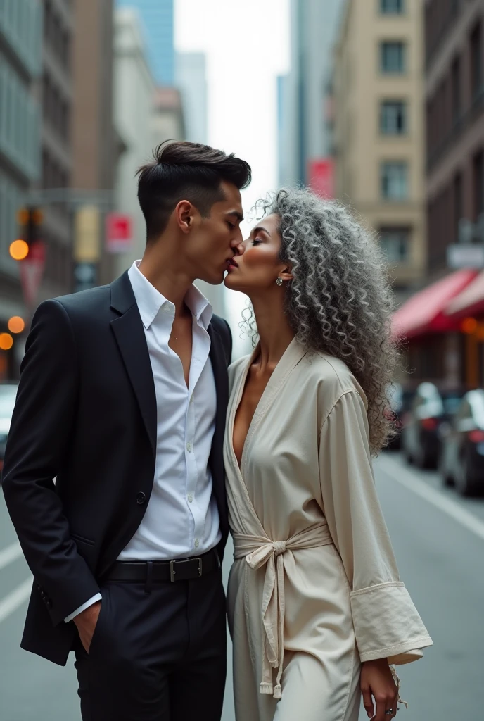 A sexy youthful looking white hot former female supermodel gray haired Filipino woman who may be 50 years old but she look like a 2 with her long curly hair now graying with her hair completely gray hair wearing a bathrobe walking in a city street with her younger black haired boyfriend who is half her age he is 2 male model he has short completely black hair he is wearing business attire he is kissing her on the lips