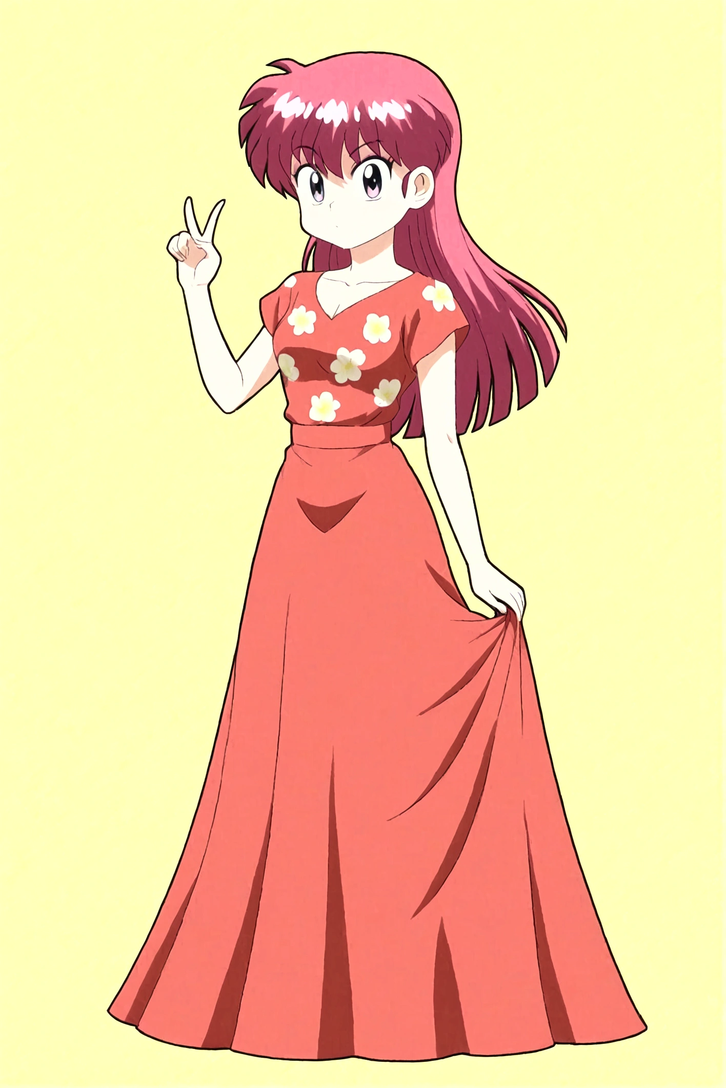 Using the female Saotome Ranma prototype, make a girl,Clear contours, Colorful full body photos, (Beautiful and delicate eyes), (pretty face:1.3), childish face, red long straight hair, (Bangs), bumpy Bangs, blue gray eyes, big eyes,Red printed long skirt(Practical:1.2),(Floral Print), White long-sleeved shirt(細Floral Print), (Practical:1.7),Face the camera head-on,One foot is slightly bent against the calf of the other leg,Just make a small triangle and lift it up slightly,At this time, make a Y gesture with your hand。