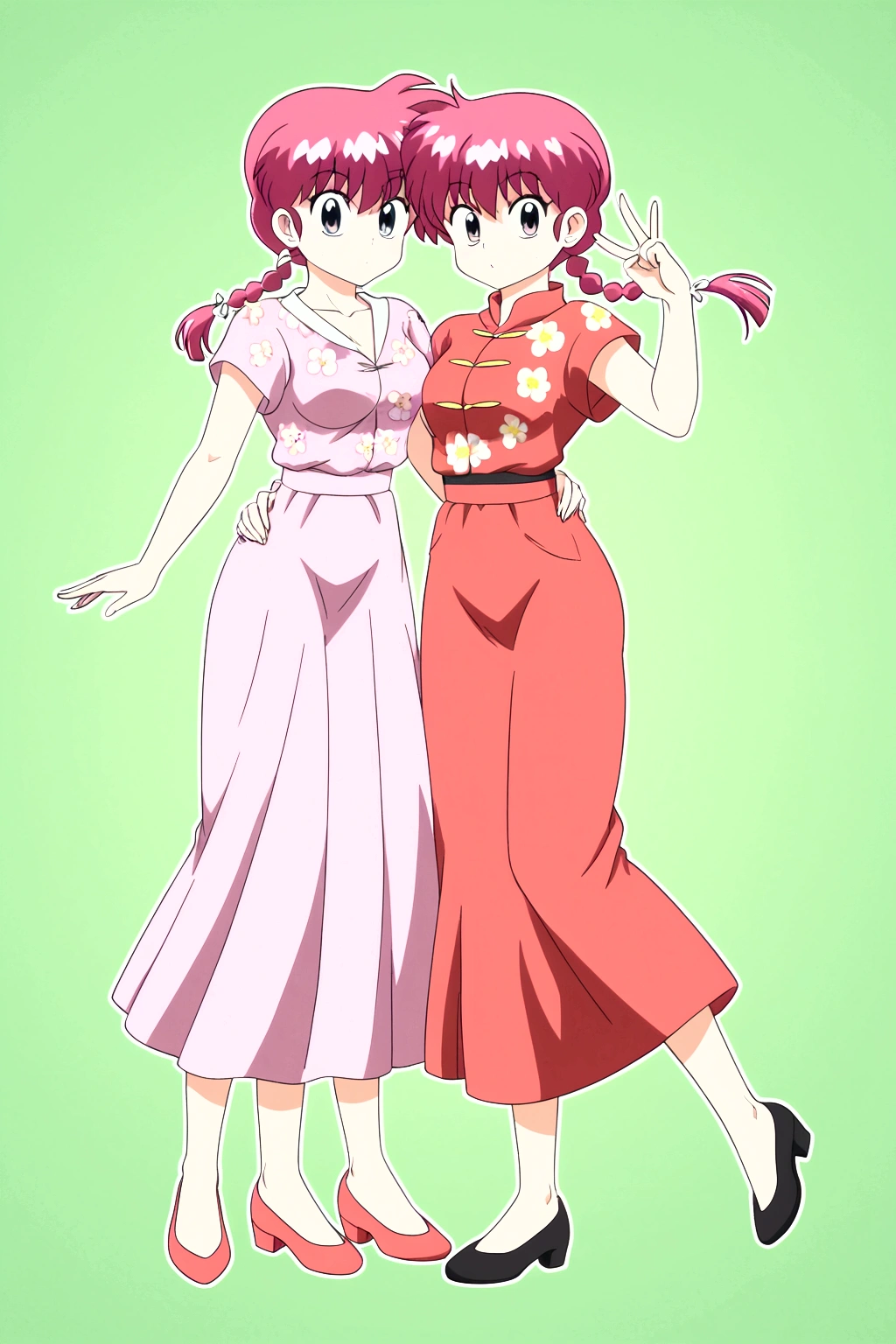 Using the female Saotome Ranma prototype, make a girl,Clear contours, Colorful full body photos, (Beautiful and delicate eyes), (pretty face:1.3), childish face, red long straight hair, (Bangs), bumpy Bangs, blue gray eyes, big eyes，Red printed long skirt(Practical:1.2),(Floral Print),  White long-sleeved shirt(細Floral Print), (Practical:1.7),Face the camera head-on，One foot is slightly bent against the calf of the other leg，Just make a small triangle and lift it up slightly，At this time, make a Y gesture with your hand。