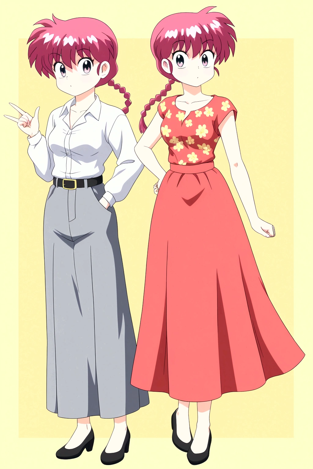 Using the female Saotome Ranma prototype, make a girl,Clear contours, Colorful full body photos, (Beautiful and delicate eyes), (pretty face:1.3), childish face, red long straight hair, (Bangs), bumpy Bangs, blue gray eyes, big eyes,Red printed long skirt(Practical:1.2),(Floral Print), White long-sleeved shirt(細Floral Print), (Practical:1.7),Face the camera head-on,One foot is slightly bent against the calf of the other leg,Just make a small triangle and lift it up slightly,At this time, make a Y gesture with your hand。