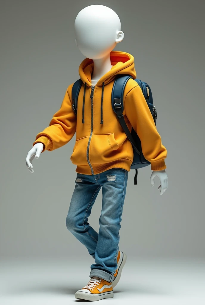 Anime taste　Male mannequin figure　A lively and energetic personality　College Student Clothing　jeans　Carrying a backpack　evildoer　White, smooth skin　Hairless, eyes open and smiling