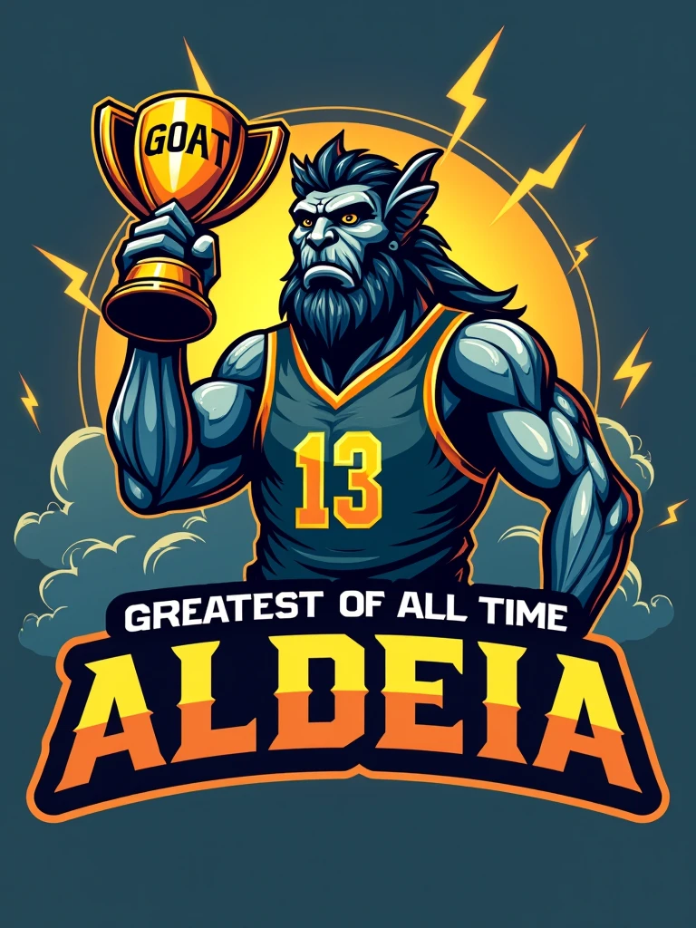Create a sports logo with the name ALDEIA featuring a mascot of the thunder god Tupã holding a trophy that says goat inside.