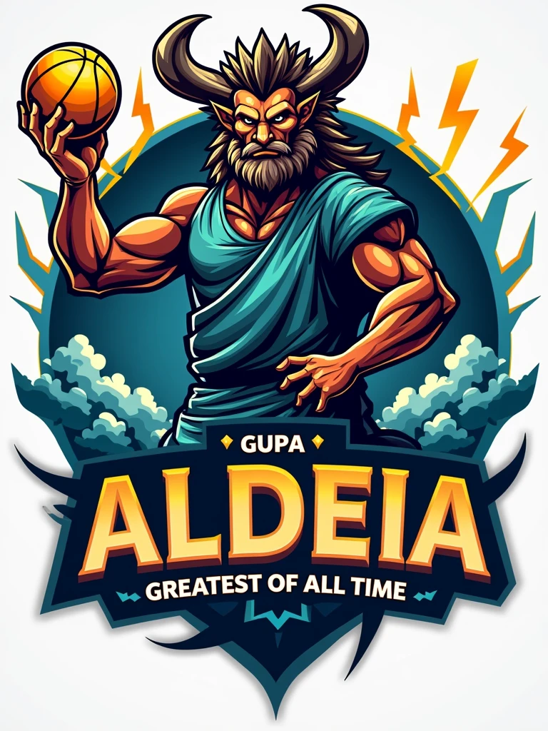 Create a sports logo with the name ALDEIA featuring a mascot of the thunder god Tupã holding a trophy that says goat inside.