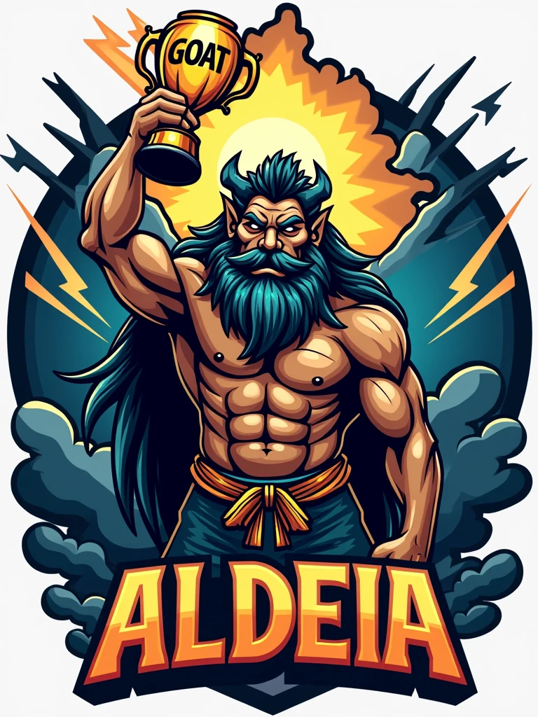 Create a sports logo with the name ALDEIA featuring a mascot of the thunder god Tupã holding a trophy that says goat inside.