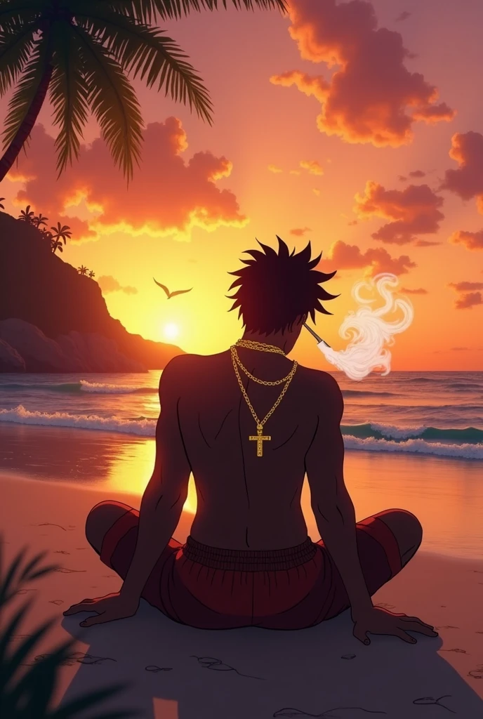 black man wearing gold smoking marijuana sitting looking at a sunset view on a beach showing the landscape and his entire body, image style animation