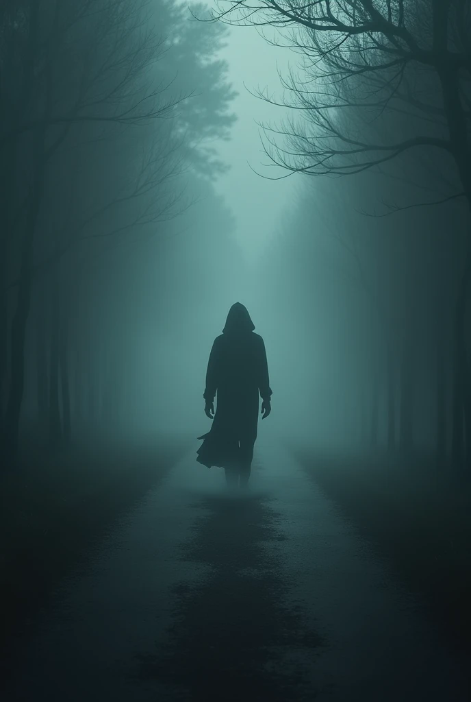 A lone figure walking on a dark, misty road, with shadows lurking around. The person walks confidently, head held high, symbolizing strength in navigating the unknown