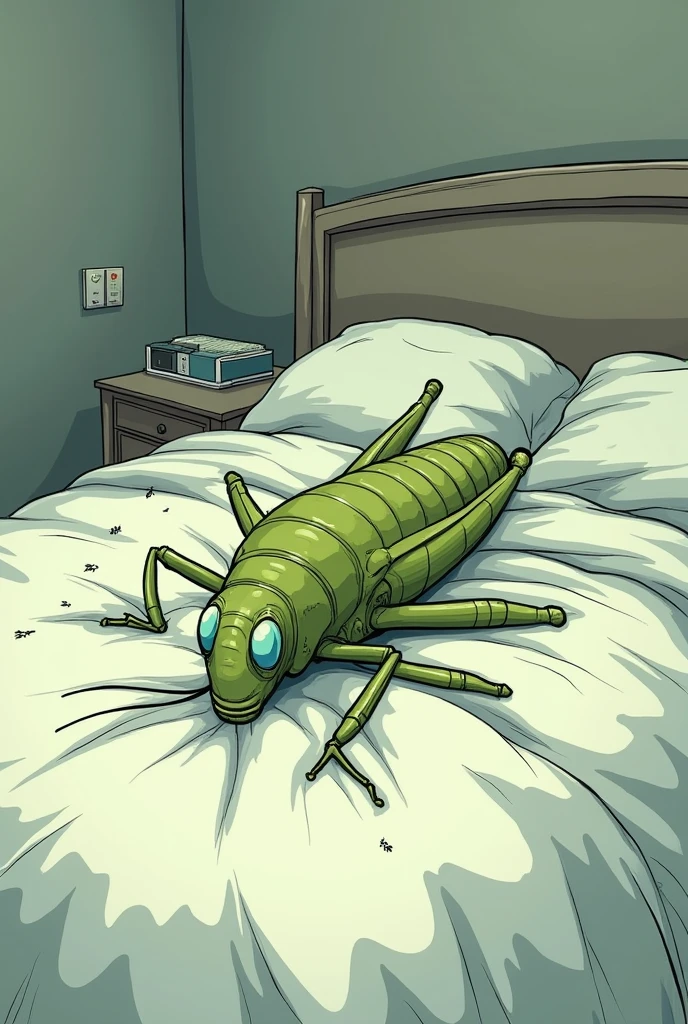 dead grasshopper insect in his bed, animated for a comic