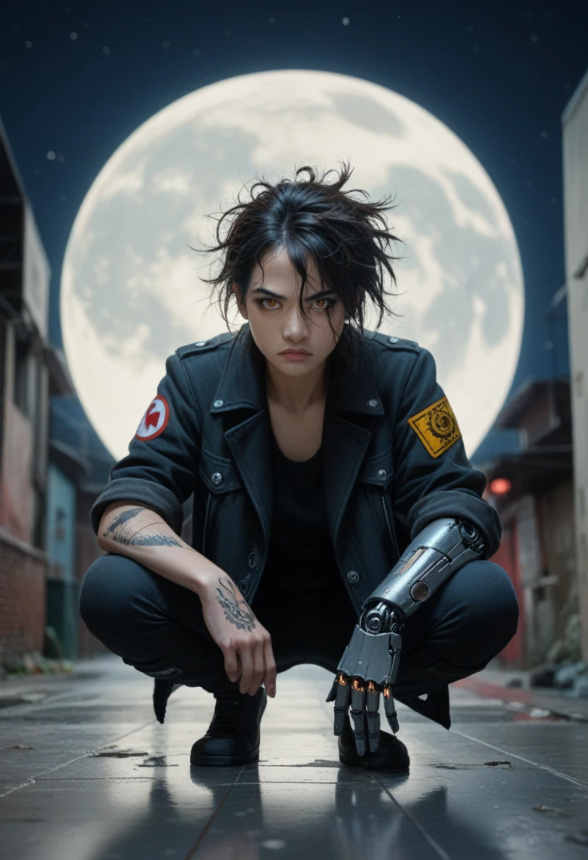 Female Asian, serious face, messy hair tied with neon tips, amber eyes, cybernetics in eyes, scar on left eye, left arm with few Black carbon cybernetics, neon designer coat clothing, tattoo with family symbol on forearm, night alley background, moon reflection on Walter, Pose crouched on the floor against sharpening carbon robot arm blade