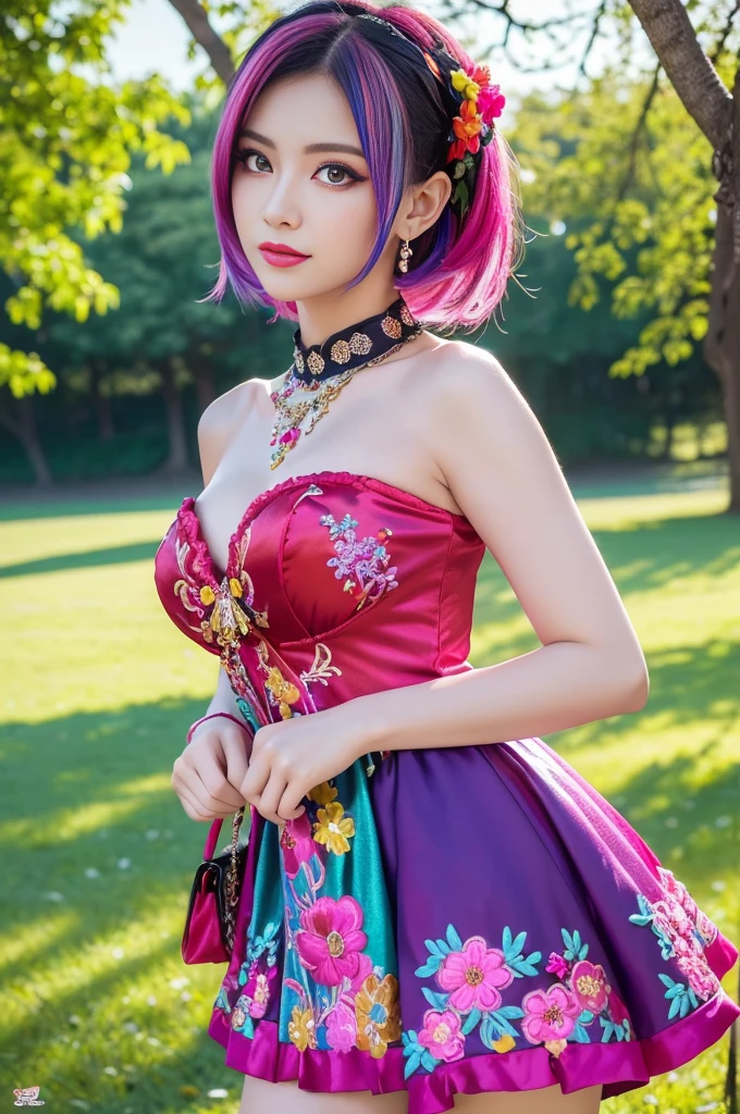 (masterpiece:1.4), (best quality:1.4), ultra high res, ultra high resolution, ((detailed facial features)), HDR, (realistic, photorealistic, photo-realistic:1.37), full body Esbian, sexy swedish model, (-anime), only 1 model, vivid colors, ((vivid colors multicolor (fuchsia, pink, light blue, purple) very short hair)), (seductive smile), lip-gloss, long lashes, defined eyebrows, wearing large sparkling colorful jewelery, wearing a red silk Paradise Kiss cosplay dress with black floral embroidery, ((vivid colors outfit)), vivid colors, look at the camera, cinematic light, large park background with trees, sweet and sexy pose
