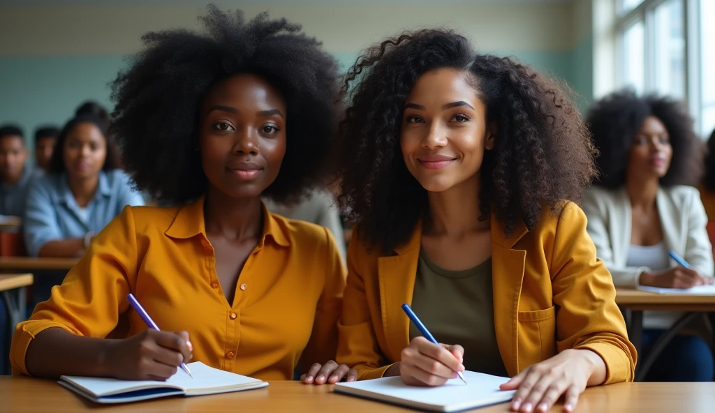 Two 20-year old sexy busty Nigerian female university students, sitting in a lecture room with their writing materials.