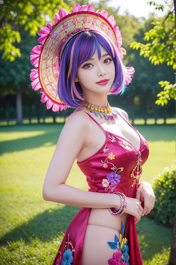 (masterpiece:1.4), (best quality:1.4), ultra high res, ultra high resolution, ((detailed facial features)), HDR, (realistic, photorealistic, photo-realistic:1.37), full body Esbian, sexy swedish model, (-anime), only 1 model, vivid colors, ((vivid colors multicolor (fuchsia, pink, light blue, purple) very short hair)), (seductive smile), lip-gloss, long lashes, defined eyebrows, wearing large sparkling colorful jewelery, wearing a red silk Paradise Kiss cosplay dress with black floral embroidery, ((vivid colors outfit)), vivid colors, look at the camera, cinematic light, large park background with trees, sweet and sexy pose